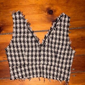 Ganesh Black and White Tweed Cropped V-Neck Top